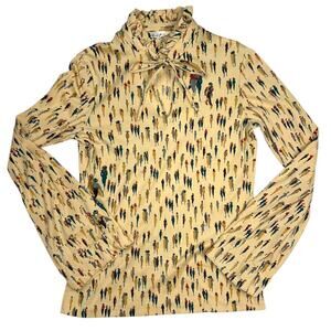 Vintage 60's Novelty Print Long Sleeve Blouse Unique VTG Women's Brown Tan Top